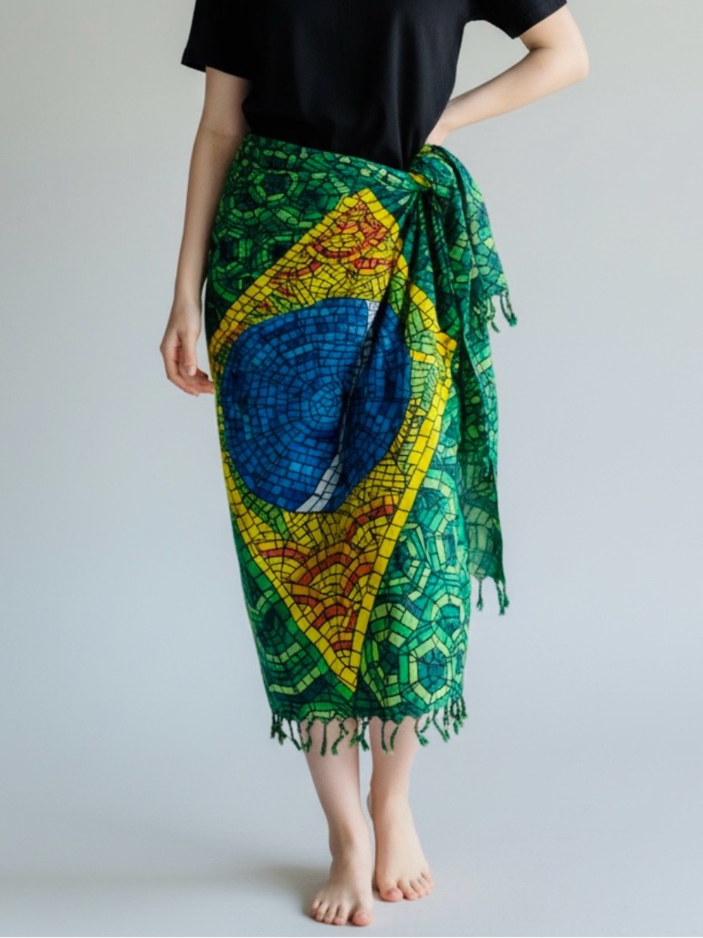 Mosaic Stained Glass Brazilian Flag Fringe Sarong Pareo Wrap
